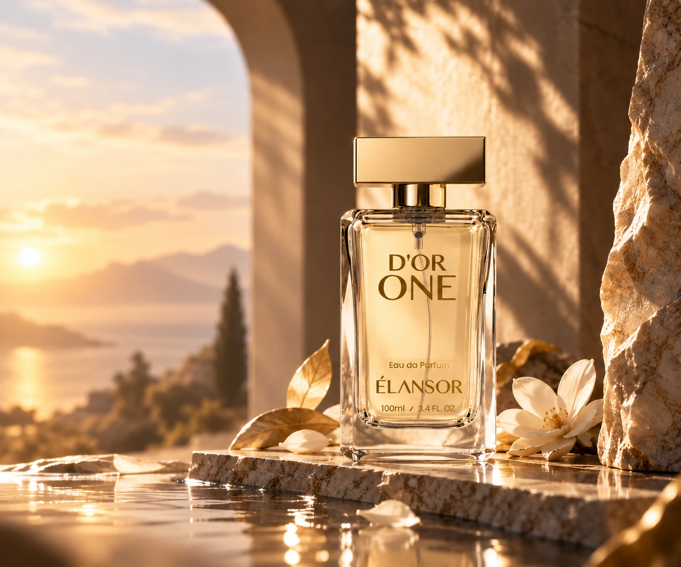 D’Or One perfume in golden sunlight beside white blossoms