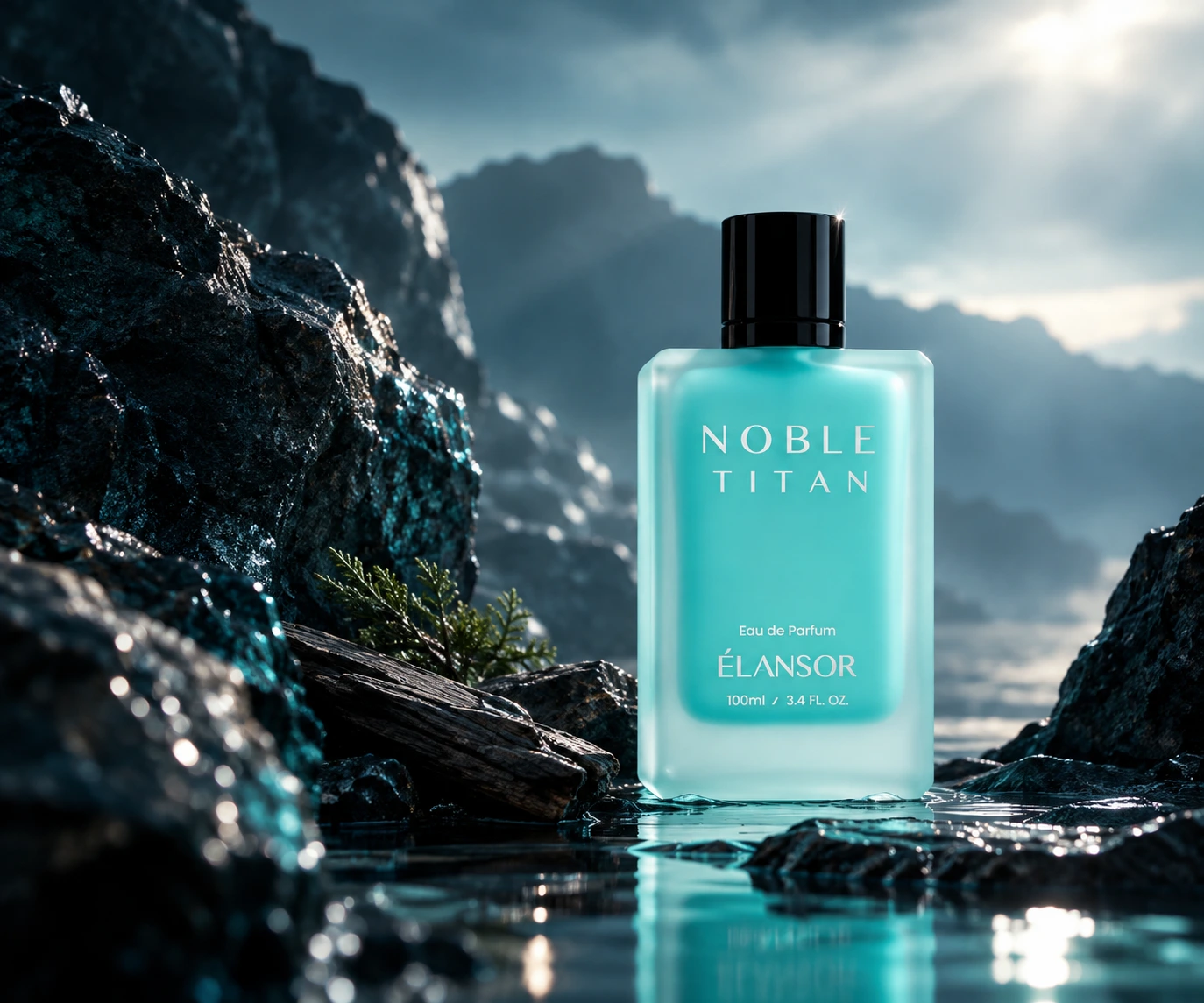 Noble Titan perfume in a turquoise pool among dark mountain rocks