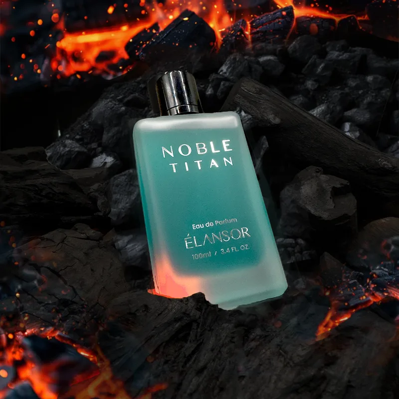 Noble Titan long-lasting Eau de Parfum resting on glowing volcanic rock